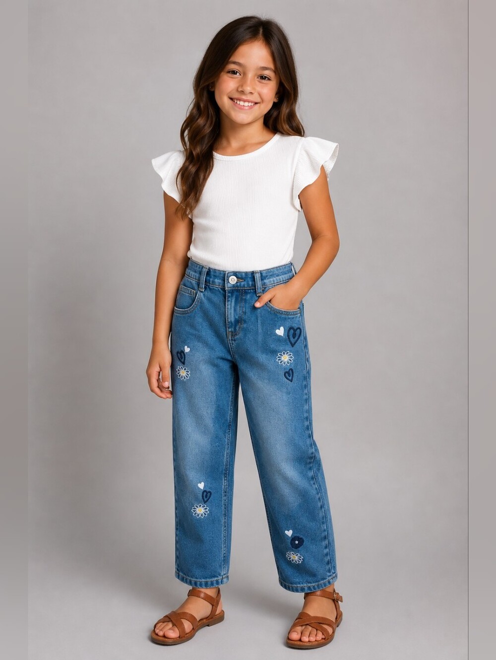 Girls' Blue Embroidered Barrel-Leg Mid Rise Medium Wash Jeans